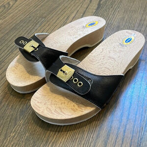 DR SCHOLLS Vintage 1980s black leather wooden The Original Sandal Exercise